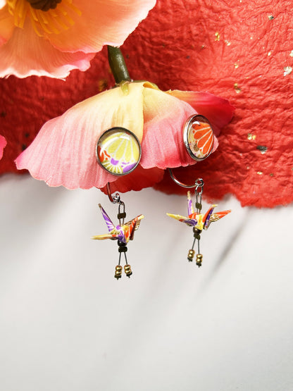 Crane & Cabochon Origami Earrings | Silver – Pattern 4, orange and purple