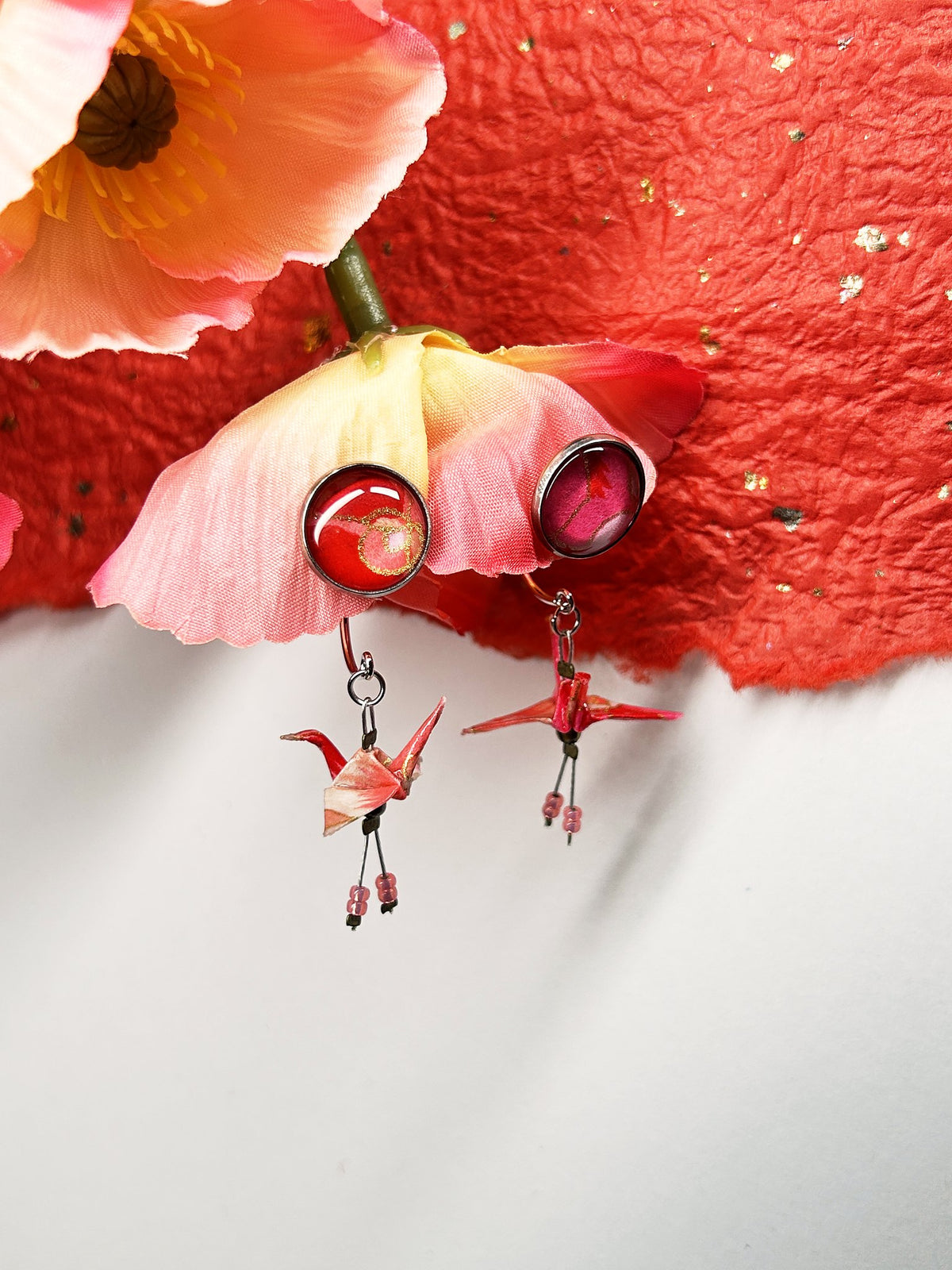 Crane & Cabochon Origami Earrings | Silver – Pattern 5, red and pink