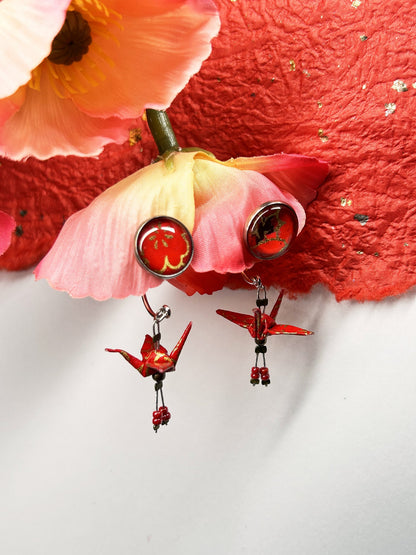 Crane & Cabochon Origami Earrings | Silver – Pattern 6, red