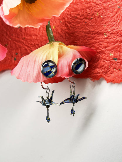 Crane & Cabochon Origami Earrings | Silver – Pattern 7, blue and grey