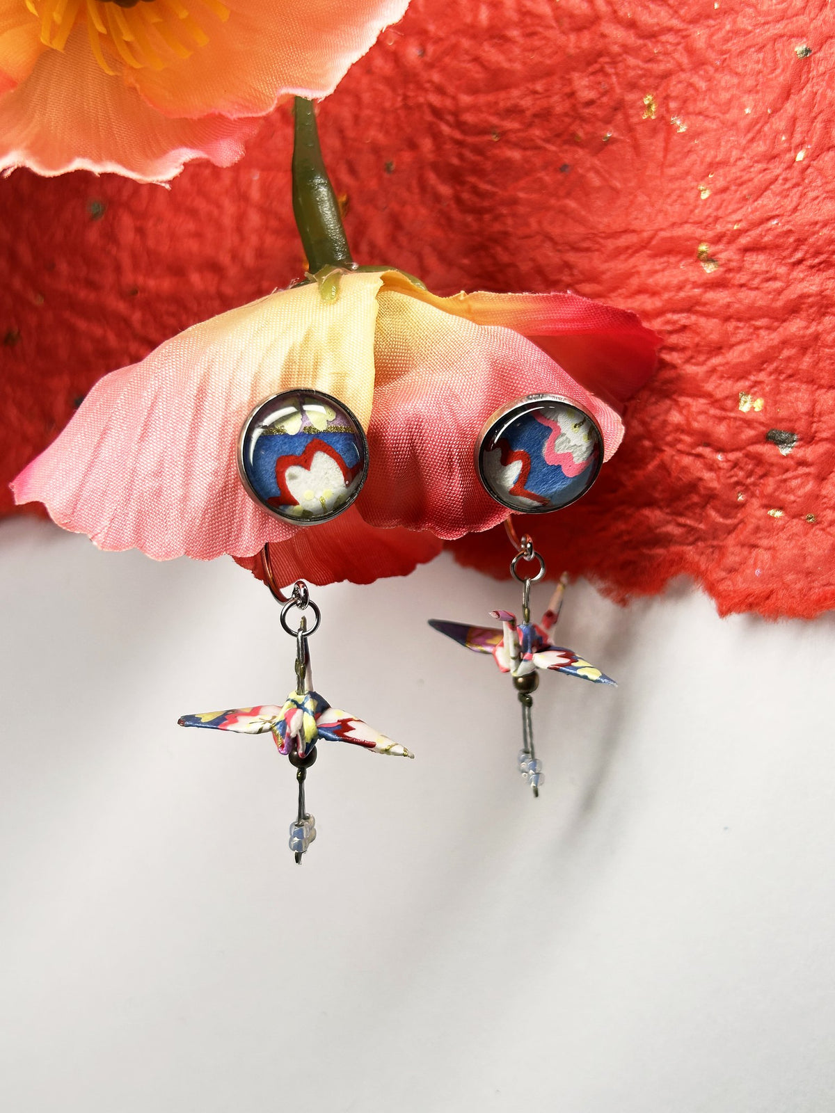 Crane & Cabochon Origami Earrings | Silver – Pattern 8, pink and blue