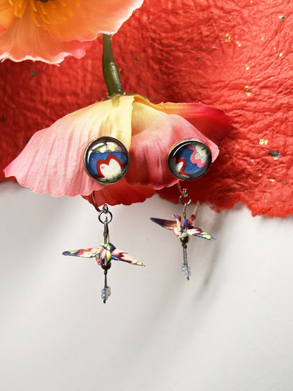 Crane & Cabochon Origami Earrings | Silver – Pattern 8, pink and blue