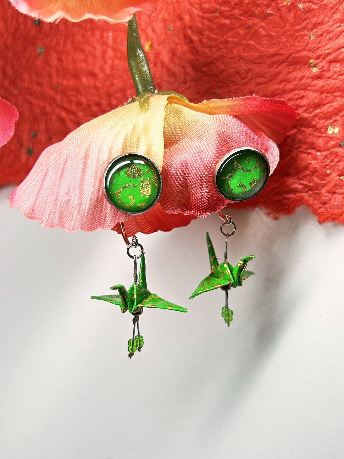 Crane & Cabochon Origami Earrings | Silver – Pattern 9, green