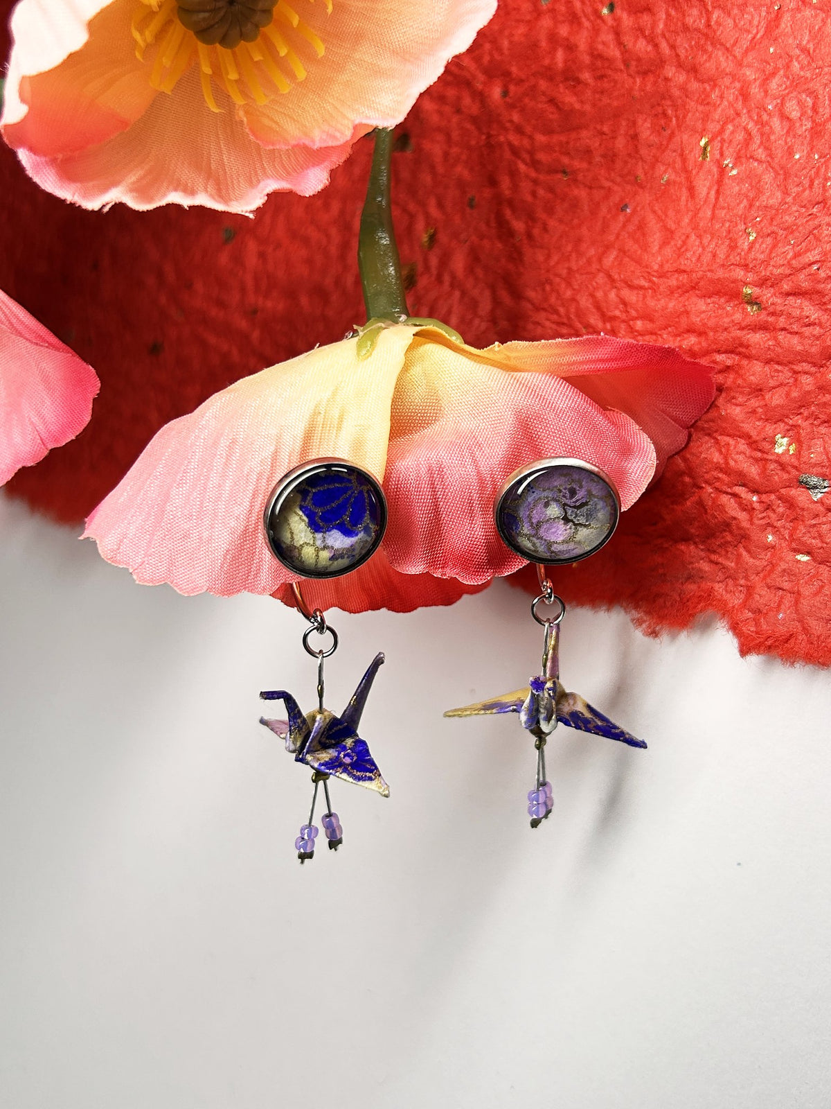 Crane & Cabochon Origami Earrings | Silver – Pattern 10, purple and lilac