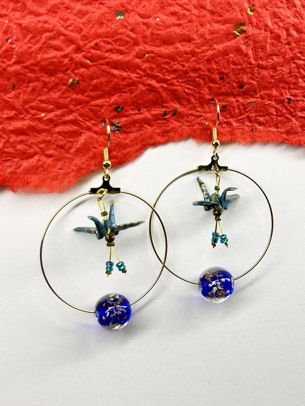 Crane Origami Hoop Earrings | Gold – Pattern 1, navy blue