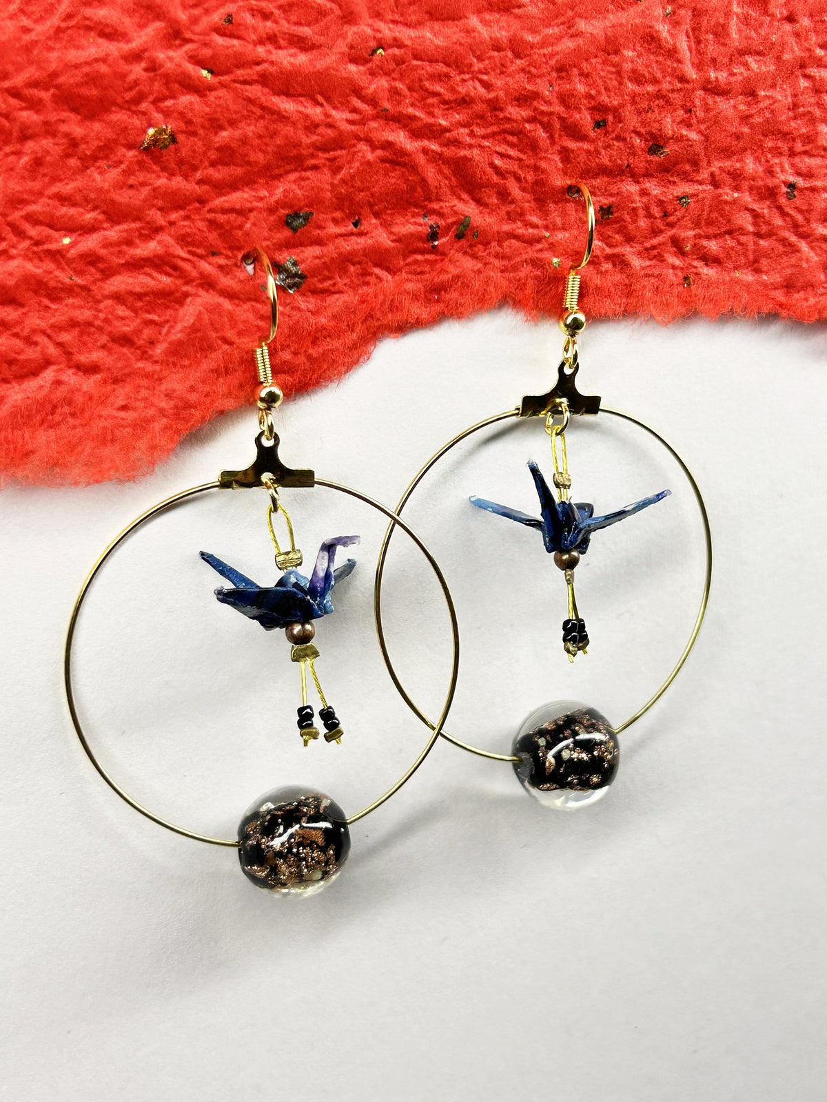Crane Origami Hoop Earrings | Gold – Pattern 3, navy and purple