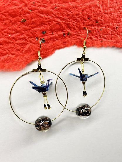 Crane Origami Hoop Earrings | Gold – Pattern 3, navy and purple