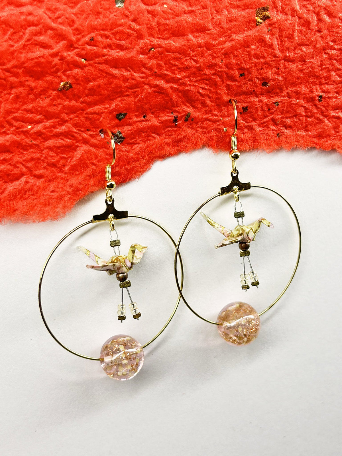 Crane Origami Hoop Earrings | Gold – Pattern 4, beige-pink