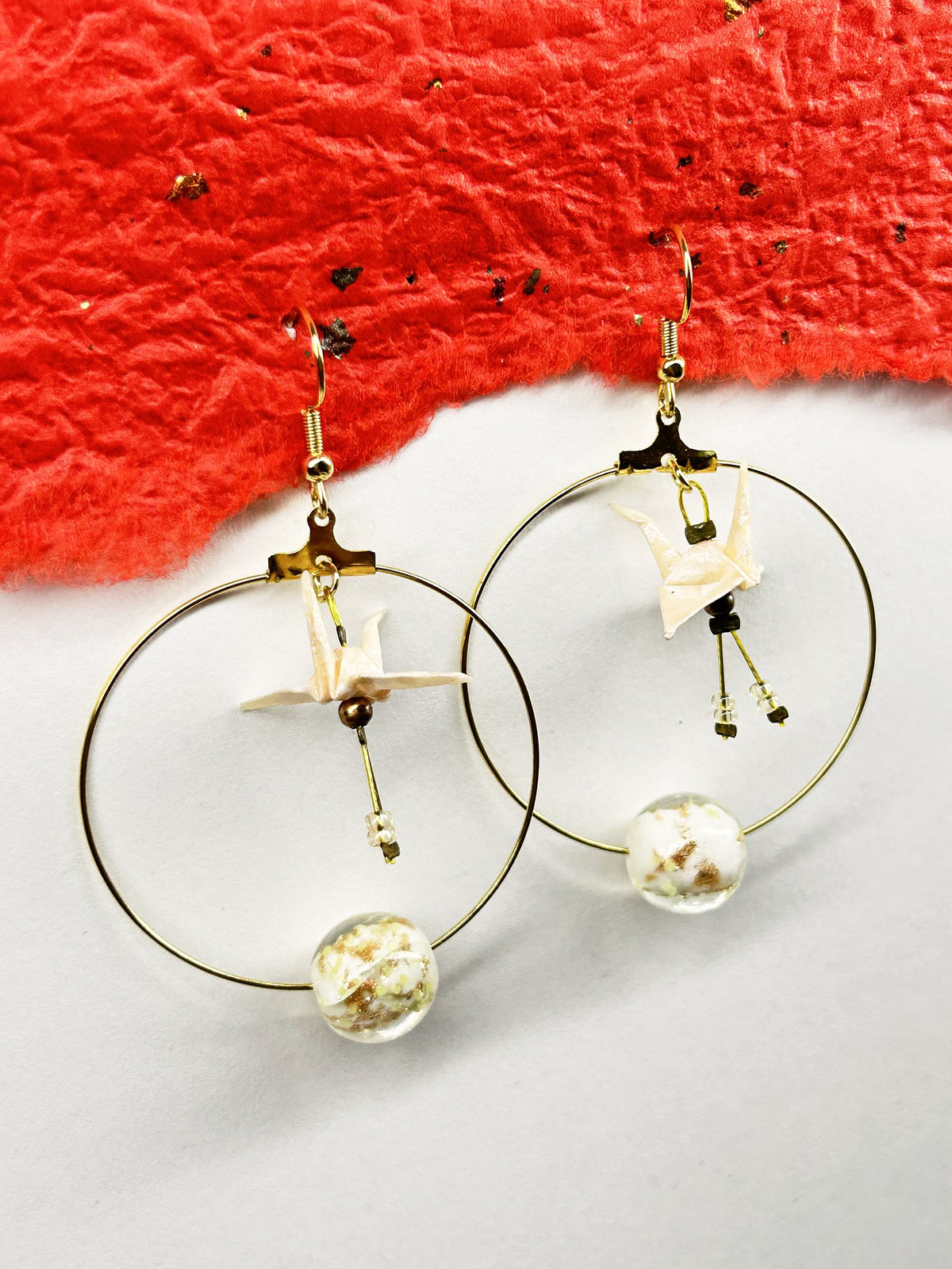 Crane Origami Hoop Earrings | Gold – Pattern 6, cream