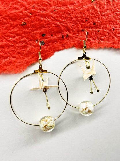 Crane Origami Hoop Earrings | Gold – Pattern 6, cream