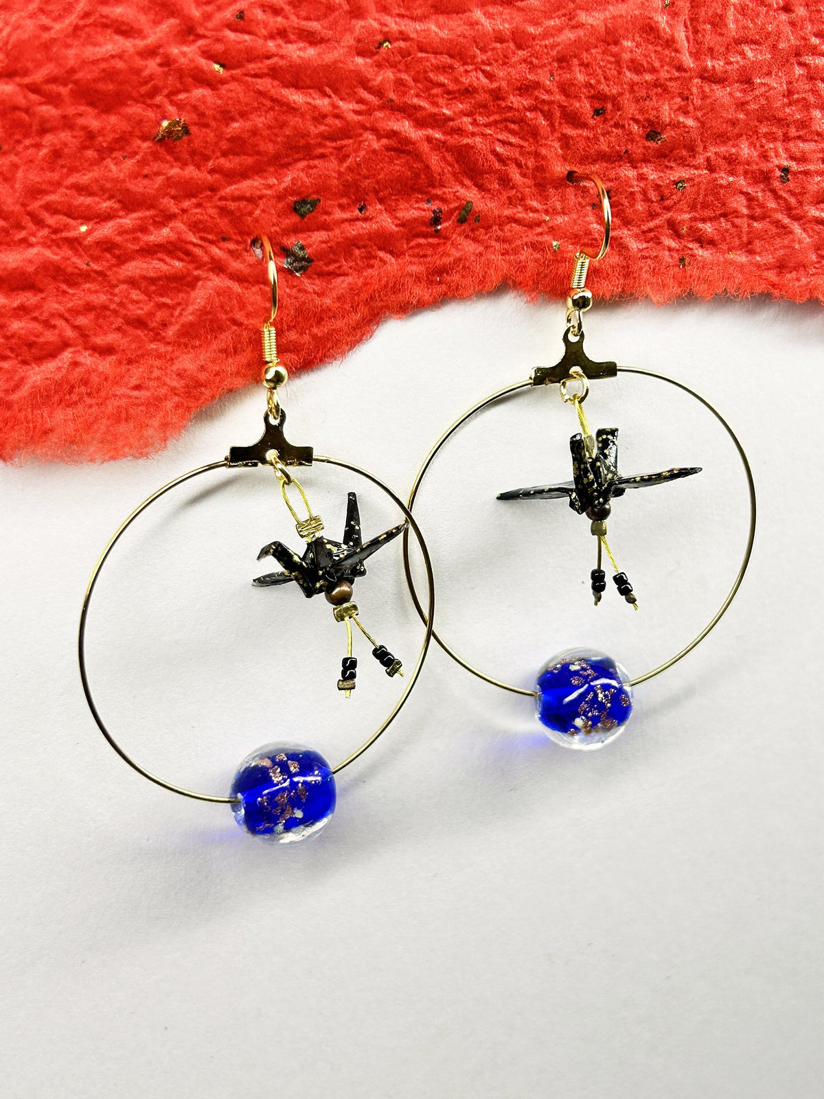 Crane Origami Hoop Earrings | Gold – Pattern 7, black