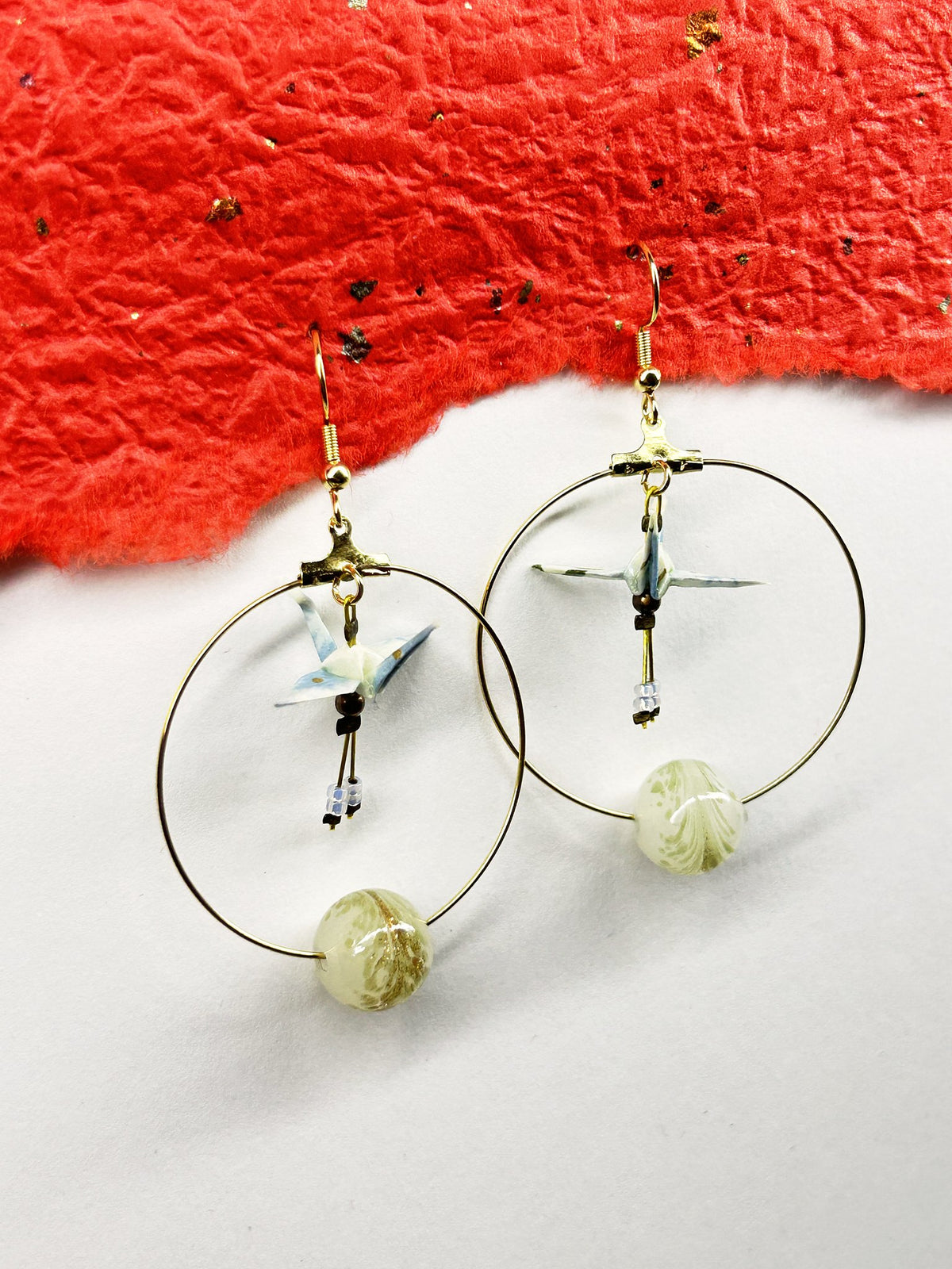 Crane Origami Hoop Earrings | Gold – Pattern 8, light blue and white