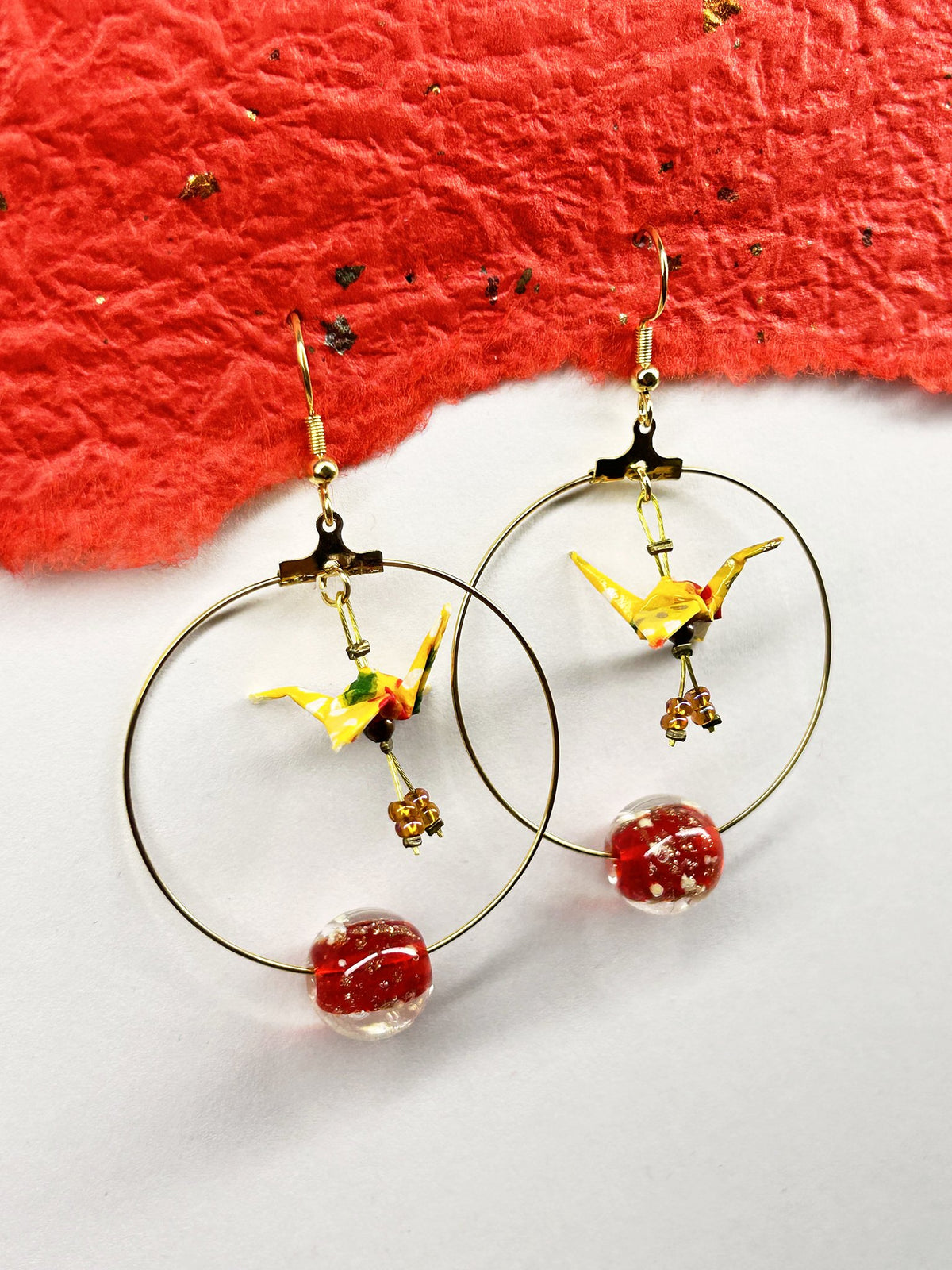 Crane Origami Hoop Earrings | Gold – Pattern 9, yellow-orange