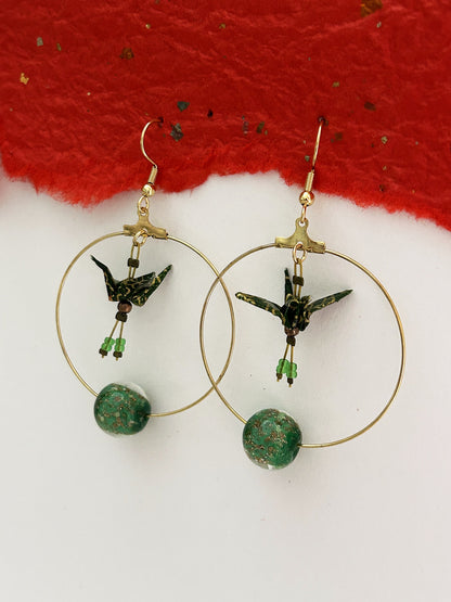 Crane Origami Hoop Earrings | Gold – Pattern 10, black and green