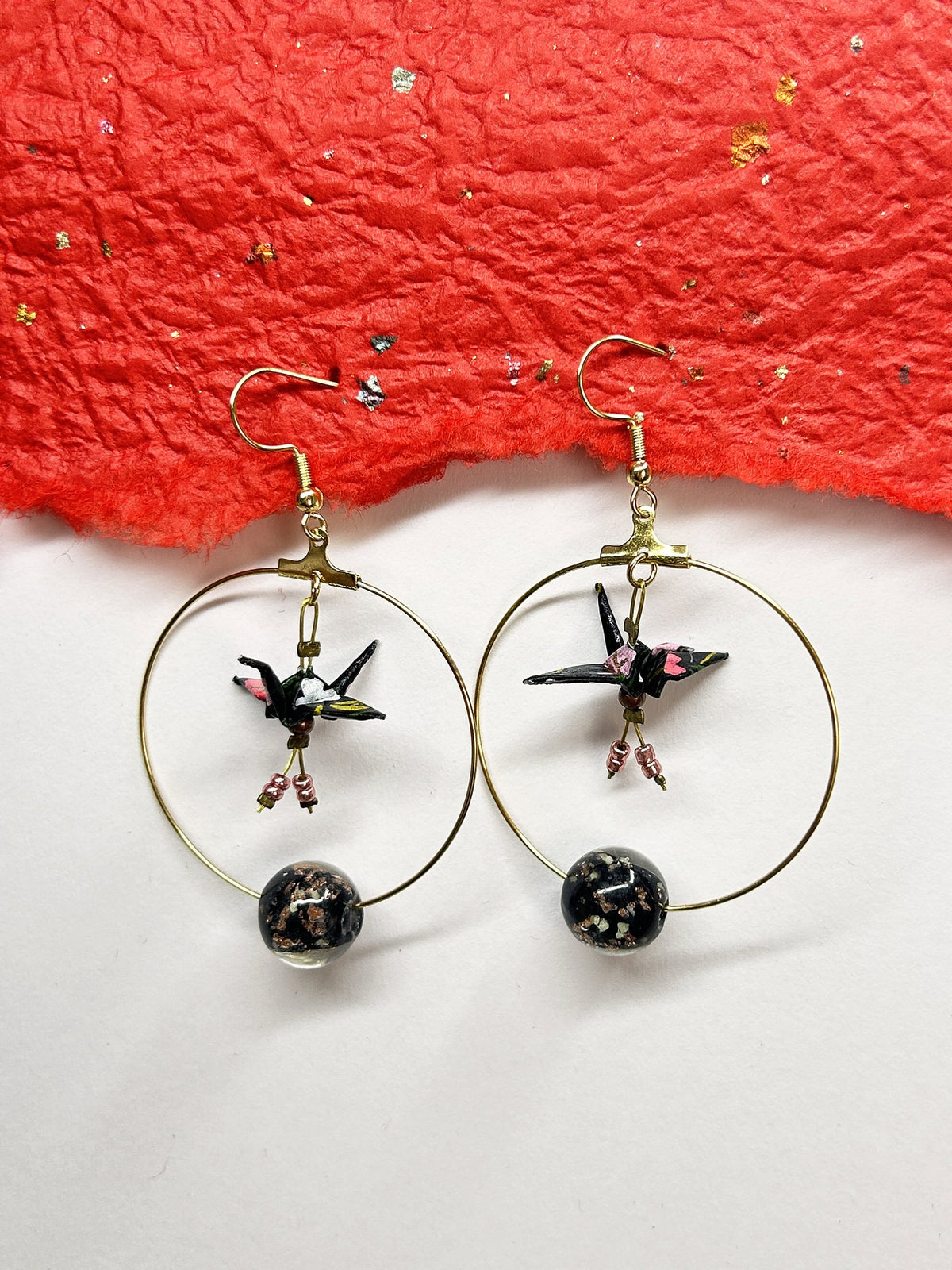 Crane Origami Hoop Earrings | Gold – Pattern 2, black with pink