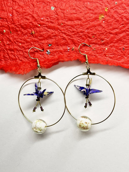 Crane Origami Hoop Earrings | Gold – Pattern 5, purple