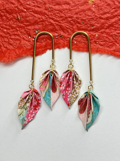 Double Leaves Origami Earrings | Gold – Pattern 1, pink and turquoise