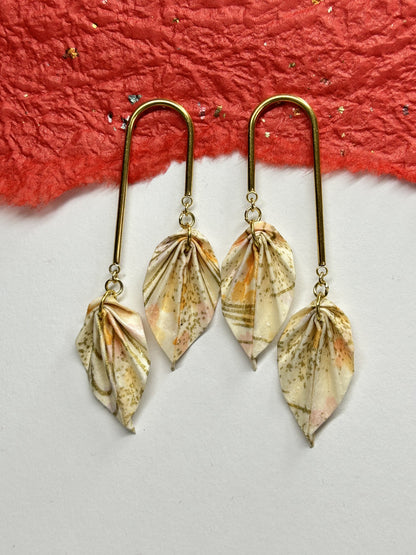 Double Leaves Origami Earrings | Gold – Pattern 2, cream