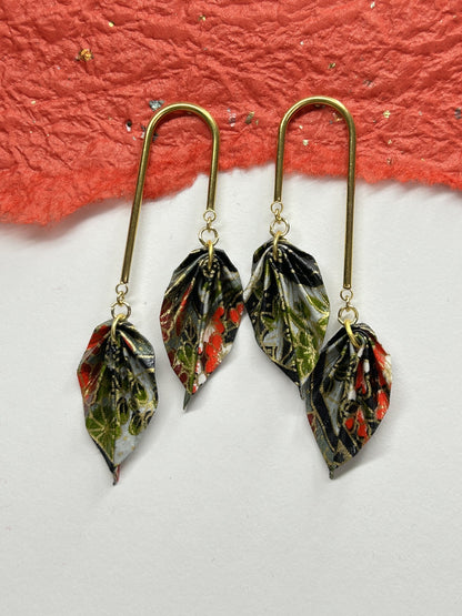 Double Leaves Origami Earrings | Gold – Pattern 4, black and olive