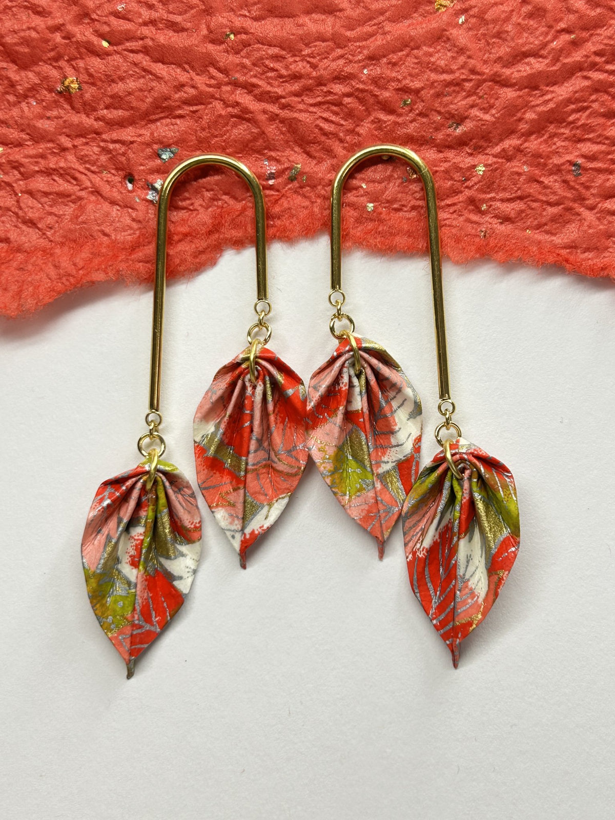 Double Leaves Origami Earrings | Gold – Pattern 5, coral red
