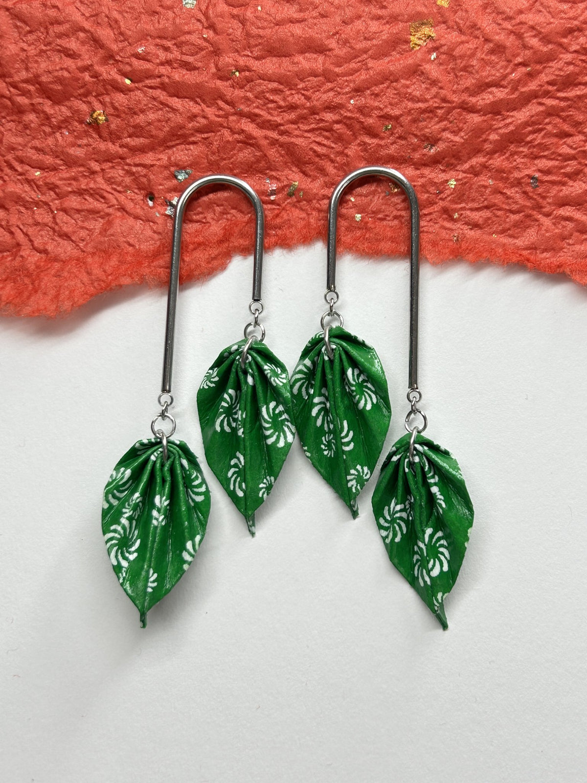 Double Leaves Origami Earrings | Silver – Pattern 1, green