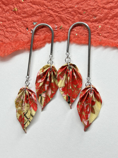 Double Leaves Origami Earrings | Silver – Pattern 2, red and cream