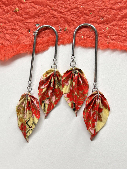 Double Leaves Origami Earrings | Silver – Pattern 2, red and cream