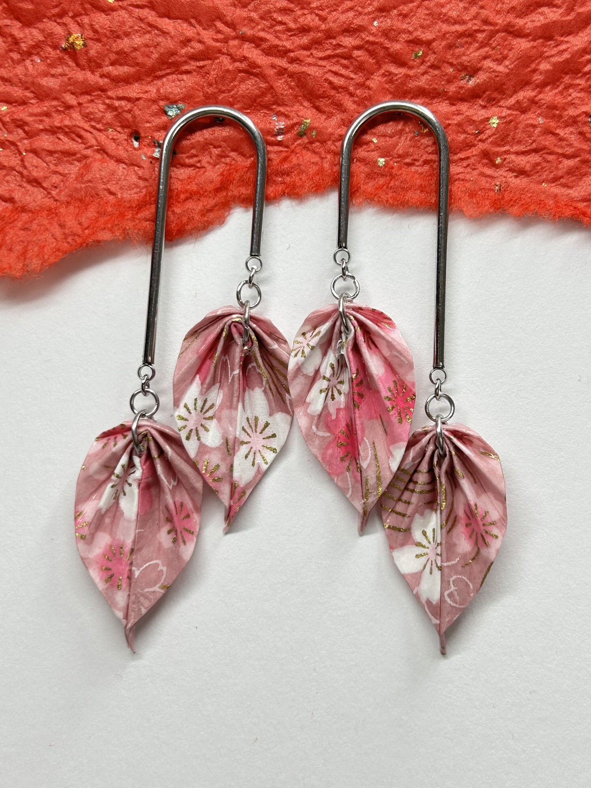 Double Leaves Origami Earrings | Silver – Pattern 3, pink