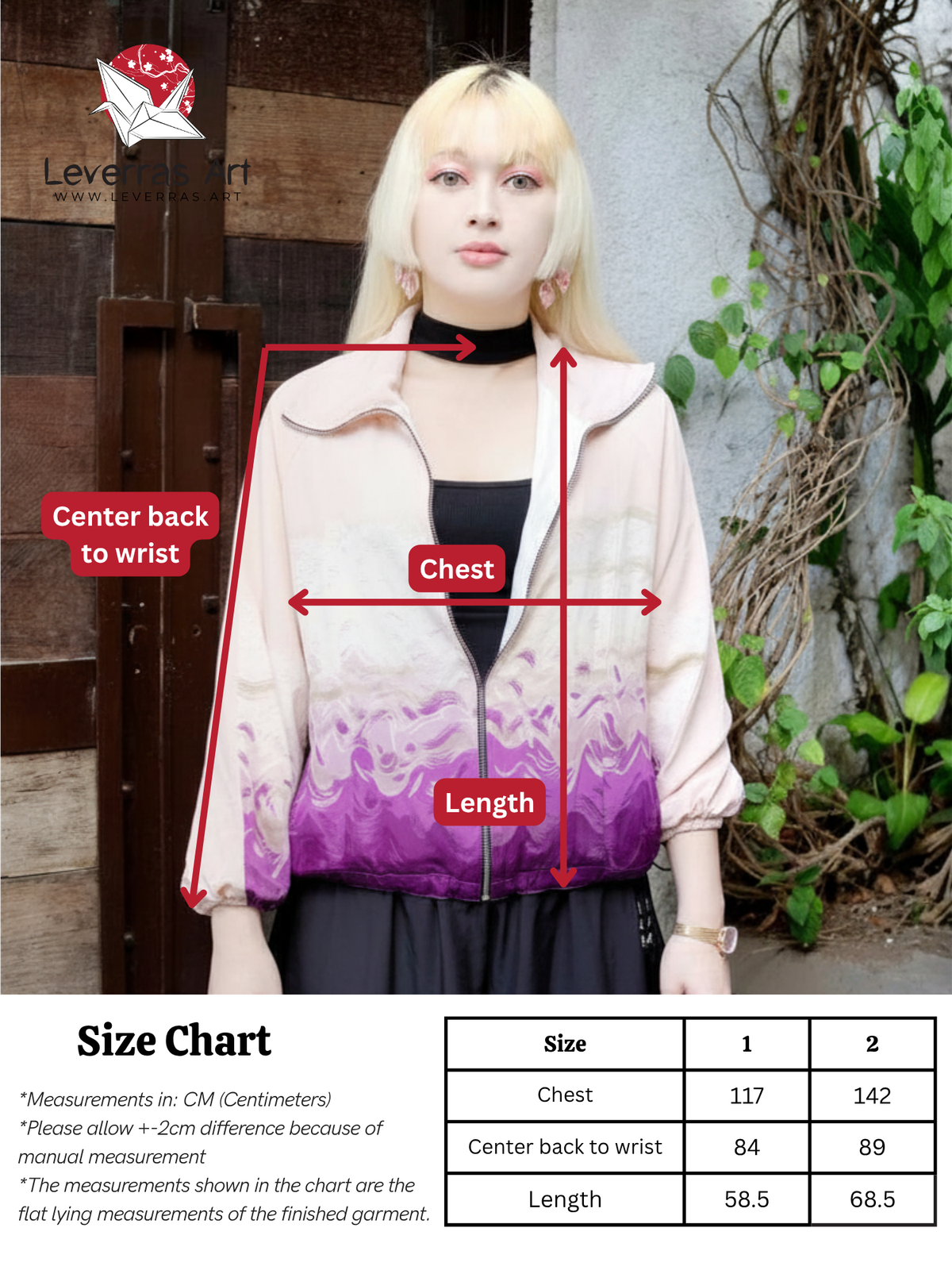 Size chart for the high collar jacket: chest, center back to wrist and length for size 1 and size 2