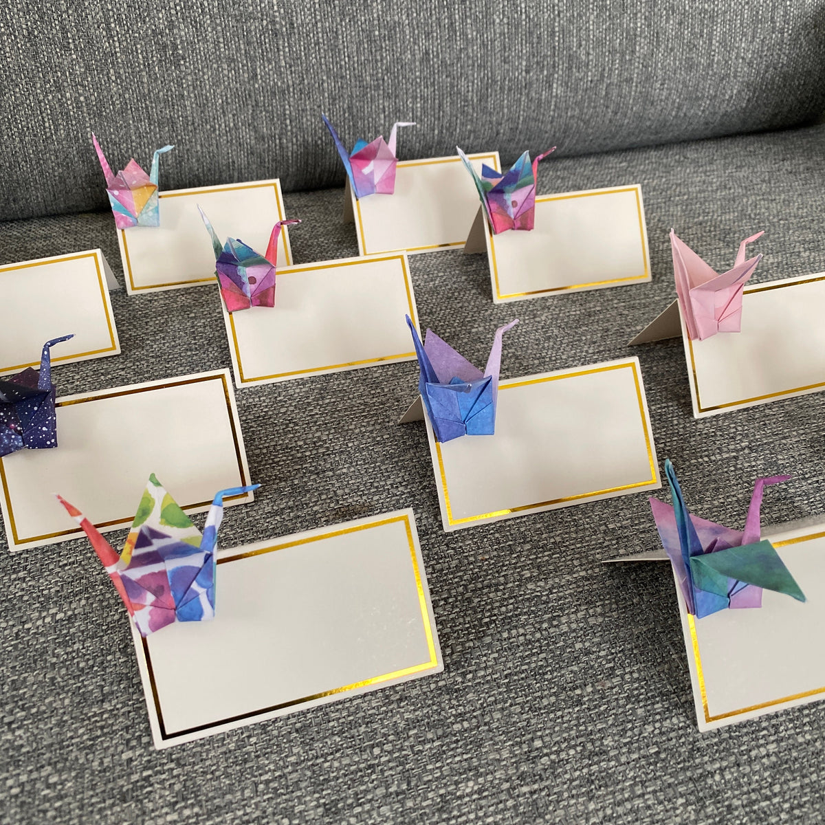 Origami crane place cards, set of 10, folded from watercolour galaxy paper