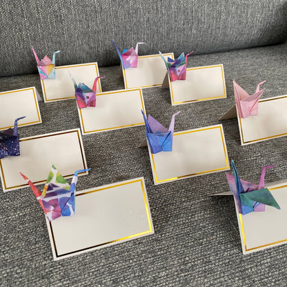 Origami crane place cards, set of 10, folded from watercolour galaxy paper