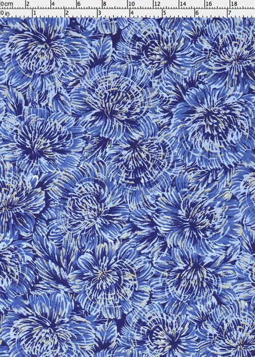 Blue floral pattern on fabric with a ruler at the top