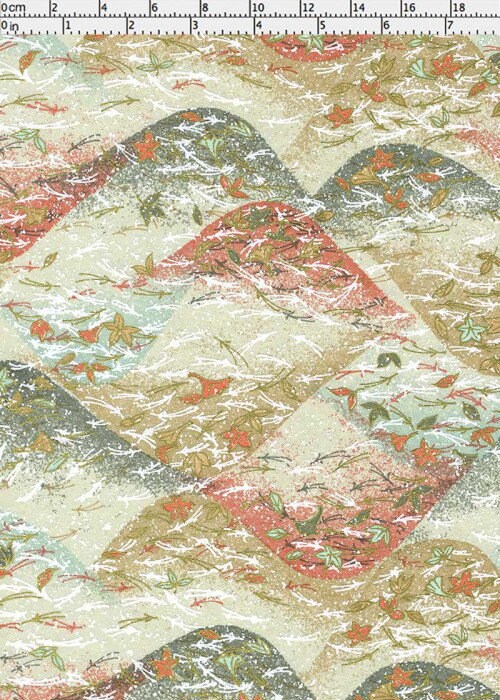 Decorative chiyogami paper with geometric pattern and floral elements on a beige background with a ruler as scale