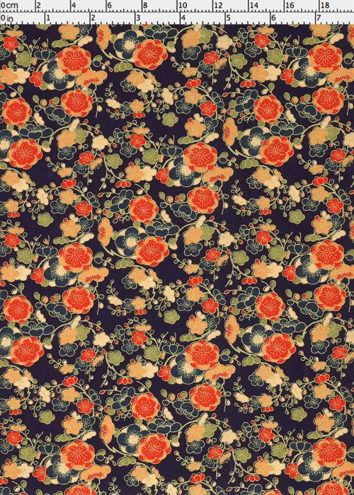 Floral pattern fabric with red and orange flowers on a dark blue background