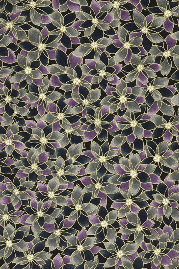 Patterned fabric with purple and green flowers on a black background