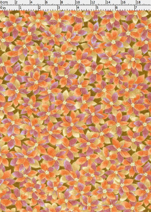 Floral pattern fabric with orange and purple flowers on a green background