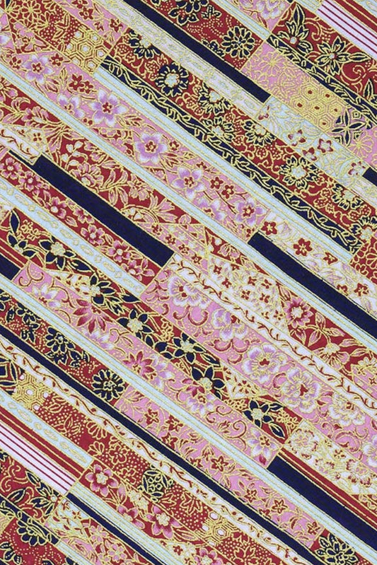 Decorative fabric with striped pattern in red, gold, and blue