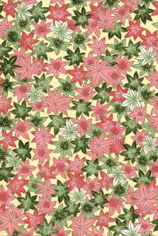Chiyogami paper with Pattern of pink and green flowers on a beige background