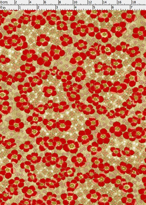 Red floral pattern on beige fabric