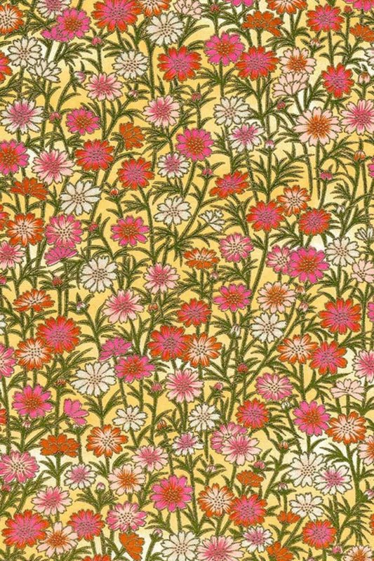 Chiyogami paper with Floral pattern with pink, red, and white flowers on a yellow background
