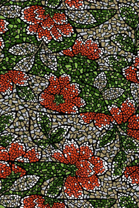 Patterned chiyogami paper with red flowers and green leaves on a textured background