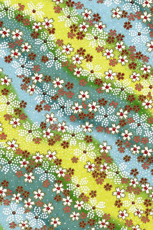 Floral pattern with red, white, and green colors on a blue and yellow background