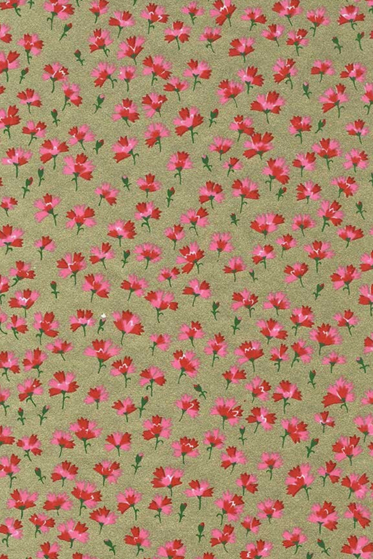 Pattern of small pink flowers on a green background
