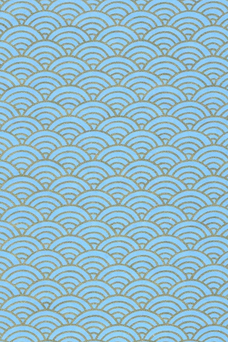 Patterned chiyogami paper with blue and gold wave design