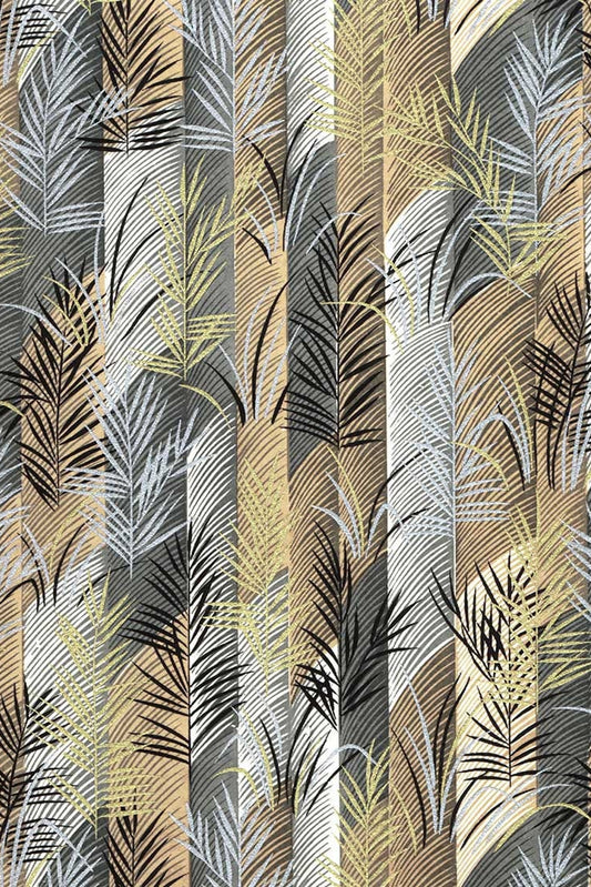 Patterned chiyogami paper with leaf design in black, gold, and gray.
