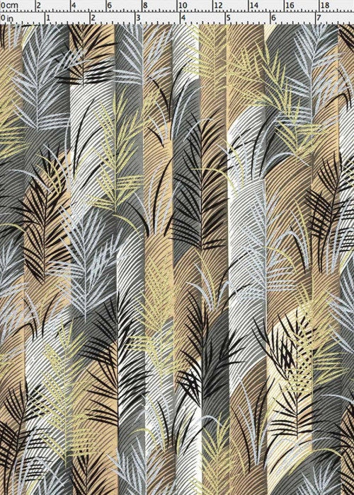 Chiyogami paper with a feather pattern in gold, black, and gray with a ruler for scale