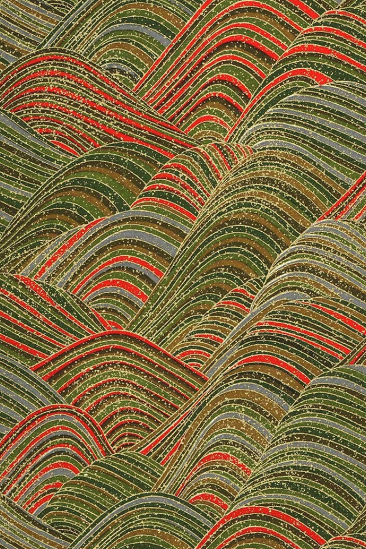 Chiyogami paper with Wavy pattern with red, green, and gray colors on a textured background