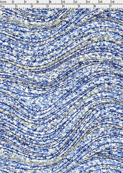 Blue and white wavy pattern chiyogami paper with a ruler at the top