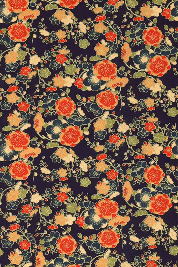 Floral pattern with red and orange flowers on a dark blue background