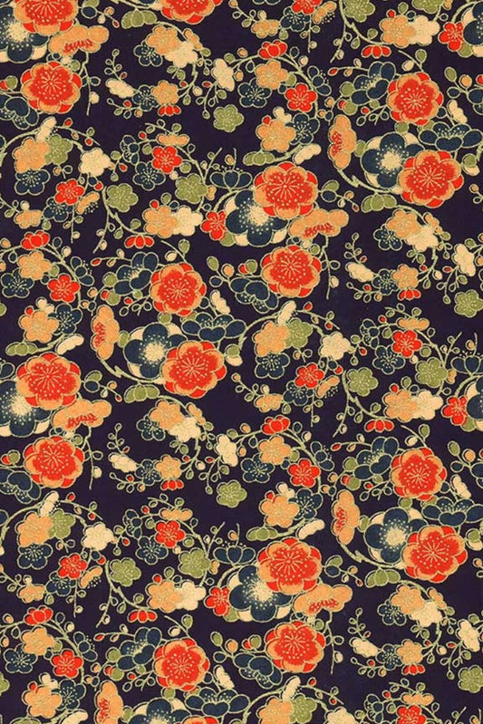 Floral pattern with red and orange flowers on a dark blue background